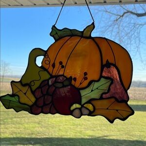Stained Glass Fall Harvest Pumpkin Suncatcher 10.5”w x 7.5” tall (10.5” w/chain)